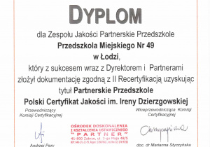 dyplom potwierdzający certyfikat Partnerskie Przedszkole Polski Certyfikat Jakości im. I. Dzierzgowskiej