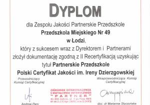 dyplom potwierdzający certyfikat Partnerskie Przedszkole Polski Certyfikat Jakości im. I. Dzierzgowskiej